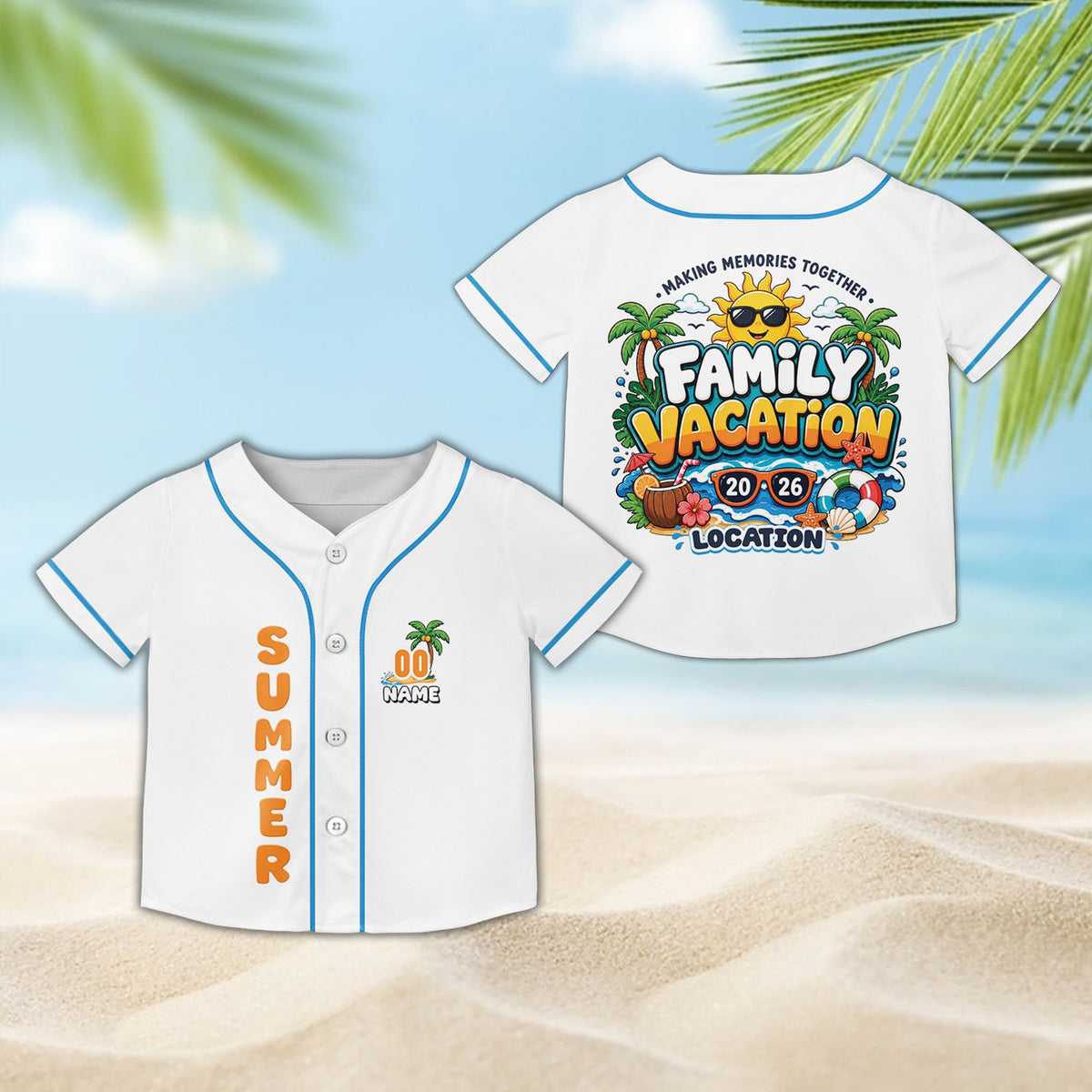 White summer baseball jersey with custom name and number, front view