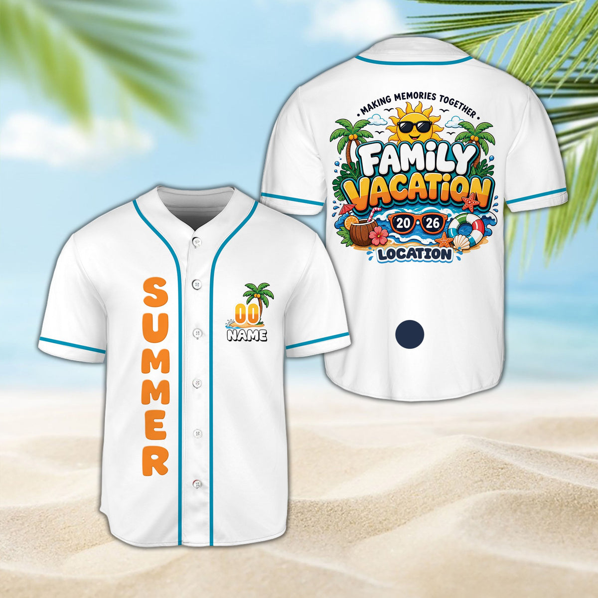 Lifestyle shot of the white summer baseball jersey with family vacation graphics