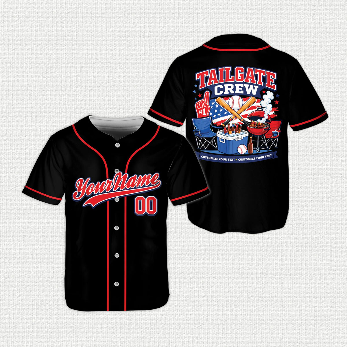 Black custom baseball jersey with tailgate design, front view