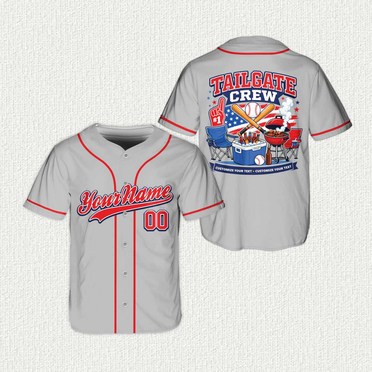 Gray personalized baseball jersey with tailgate crew theme