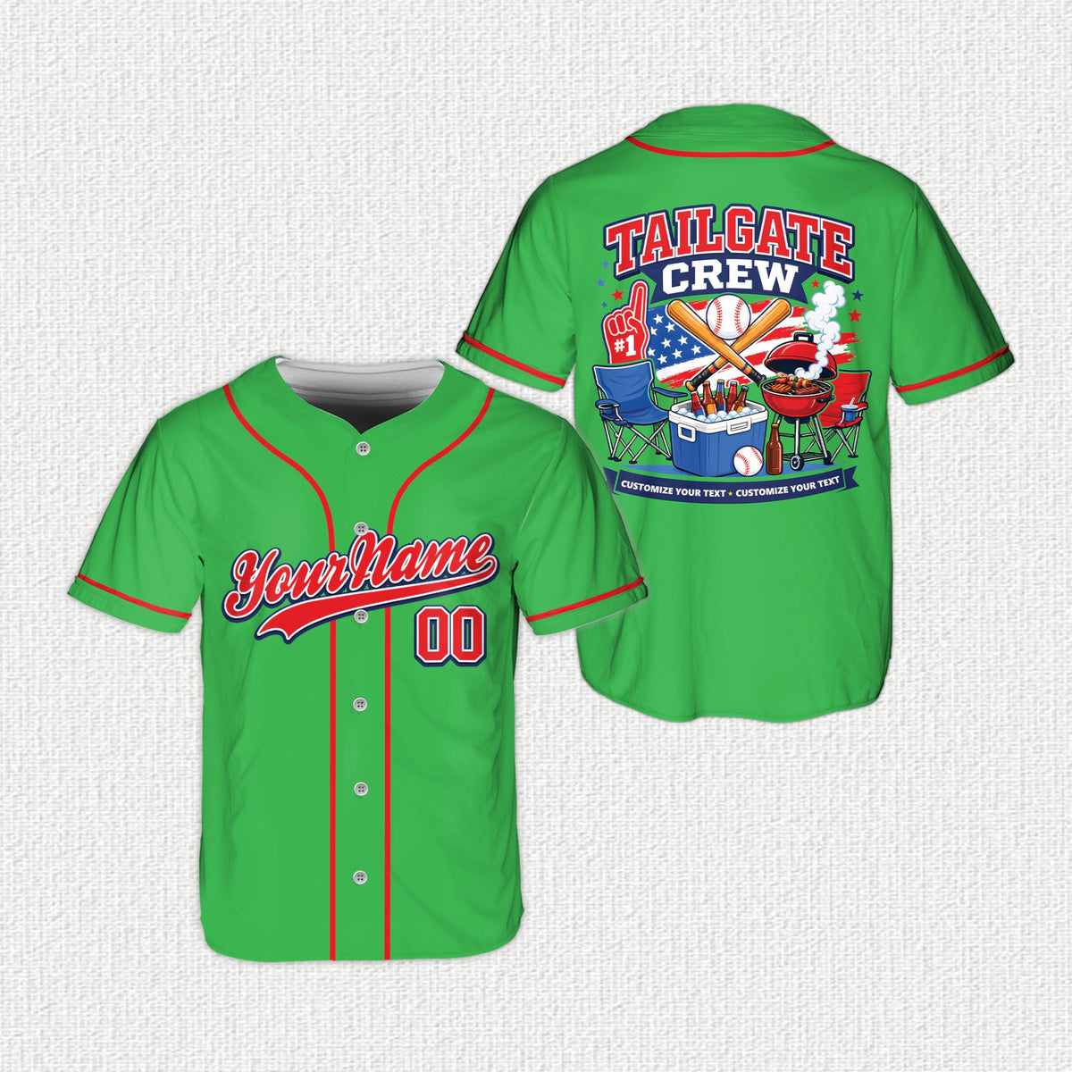Green tailgate baseball jersey with custom name and number