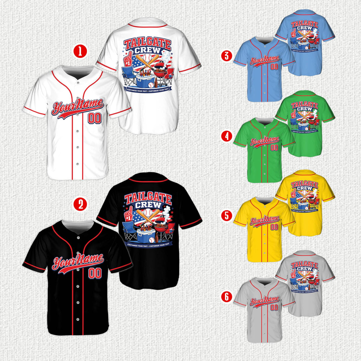 Multicolor tailgate crew personalized baseball jersey showing detailed back graphic