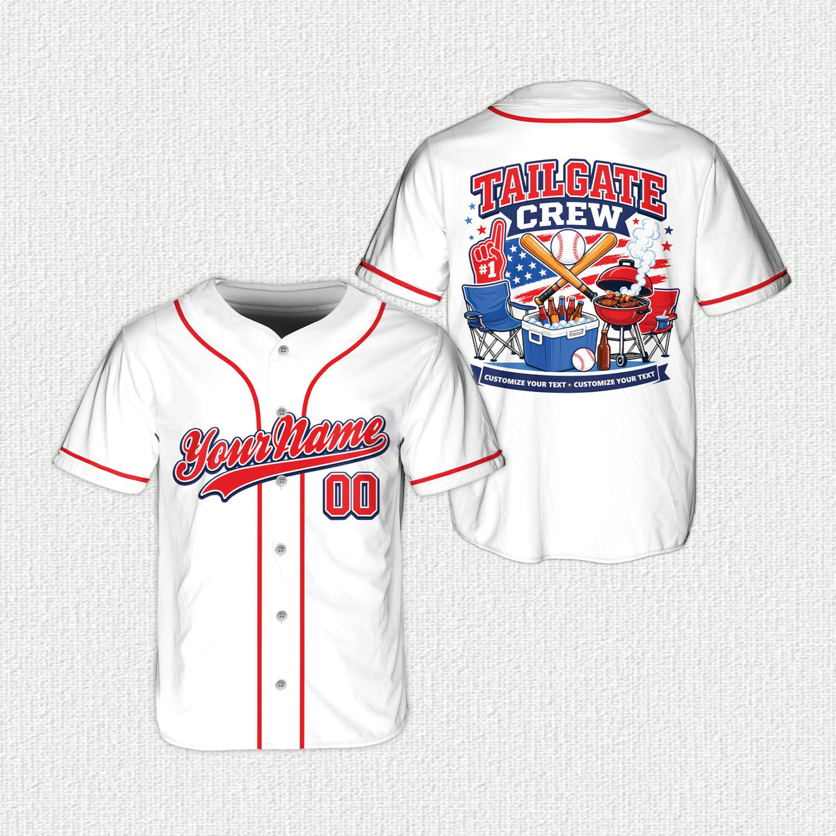 White tailgate baseball jersey with custom name and number, front view