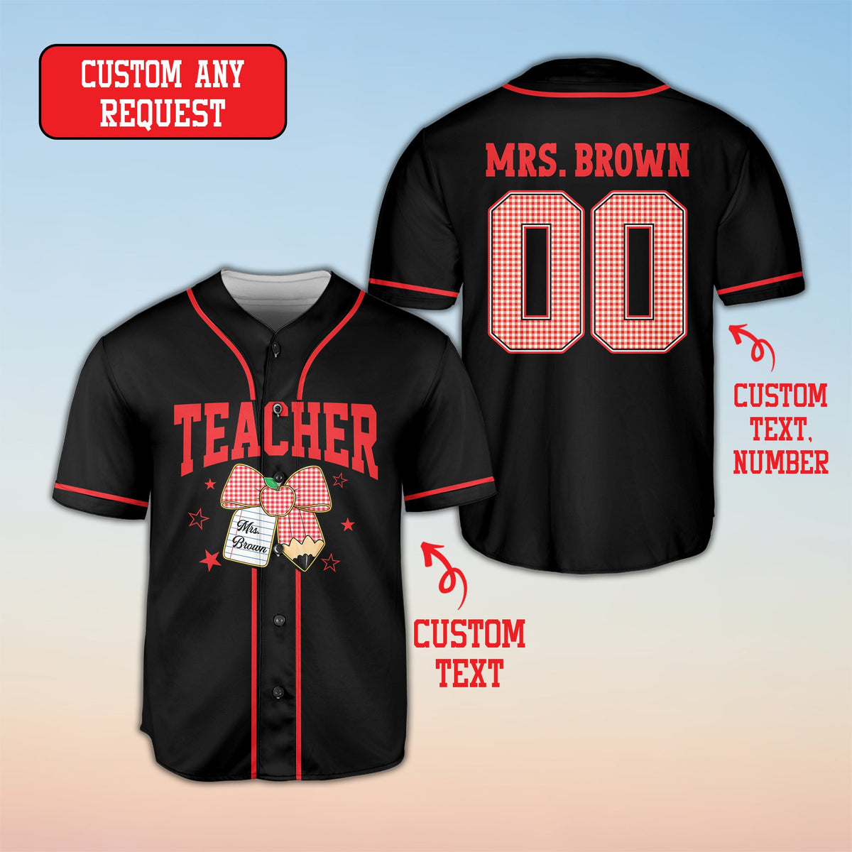 Black teacher back to school baseball jersey with colorful school graphics, front view