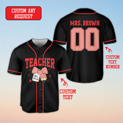 Black teacher back to school baseball jersey with colorful school graphics, front view