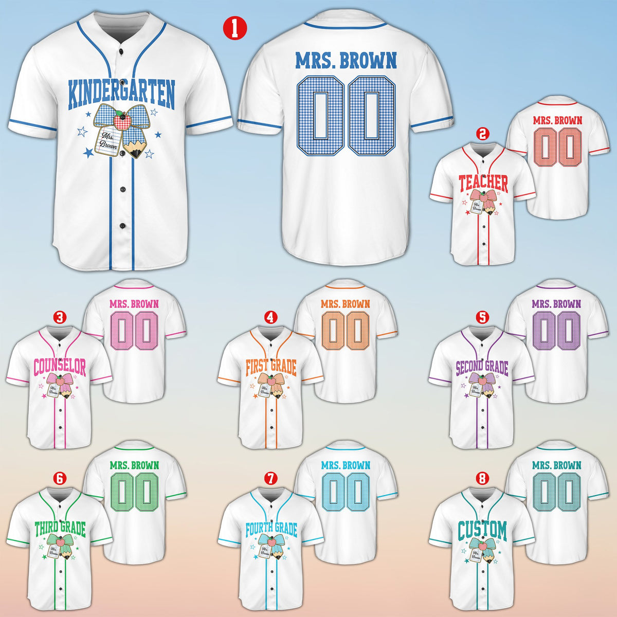 Teacher back to school baseball jersey in white with custom name and number option, main view