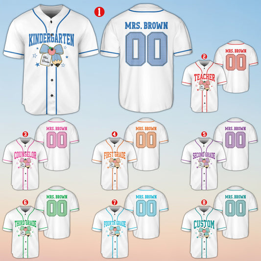 Teacher back to school baseball jersey in white with custom name and number option, main view
