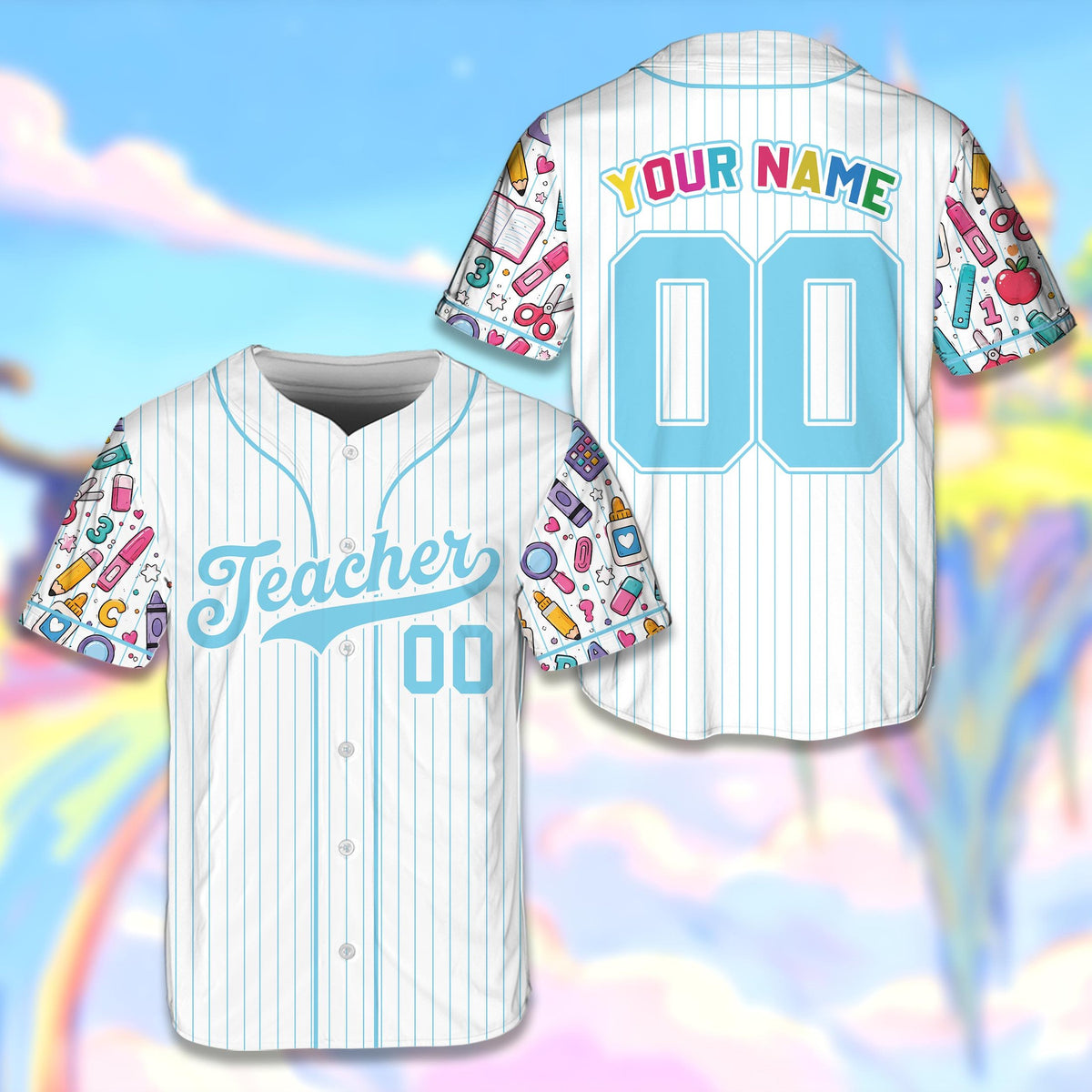 Main view of the personalized teacher back to school baseball jersey featuring white pinstripes and patterned sleeves