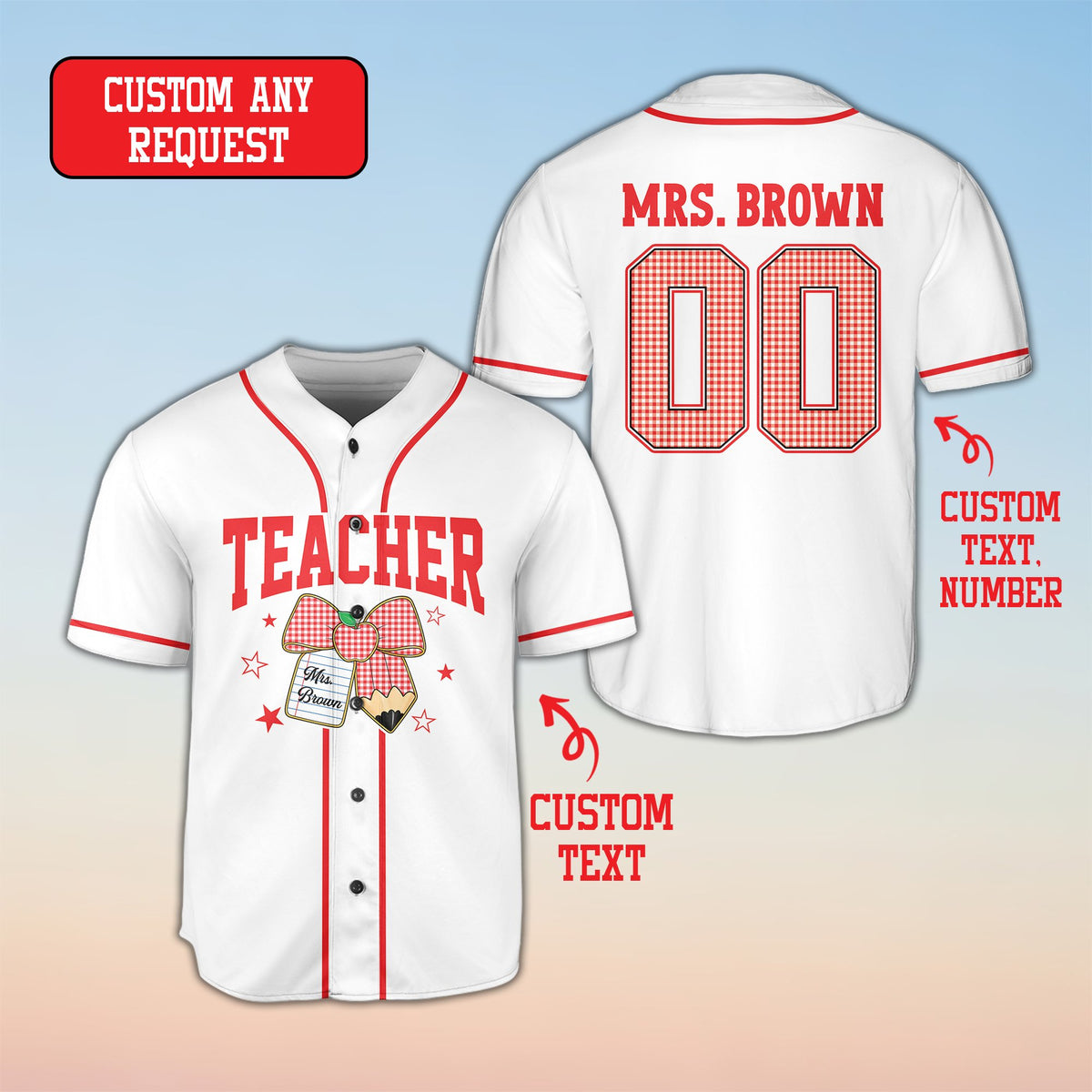 White teacher back to school baseball jersey showing personalized design on the front