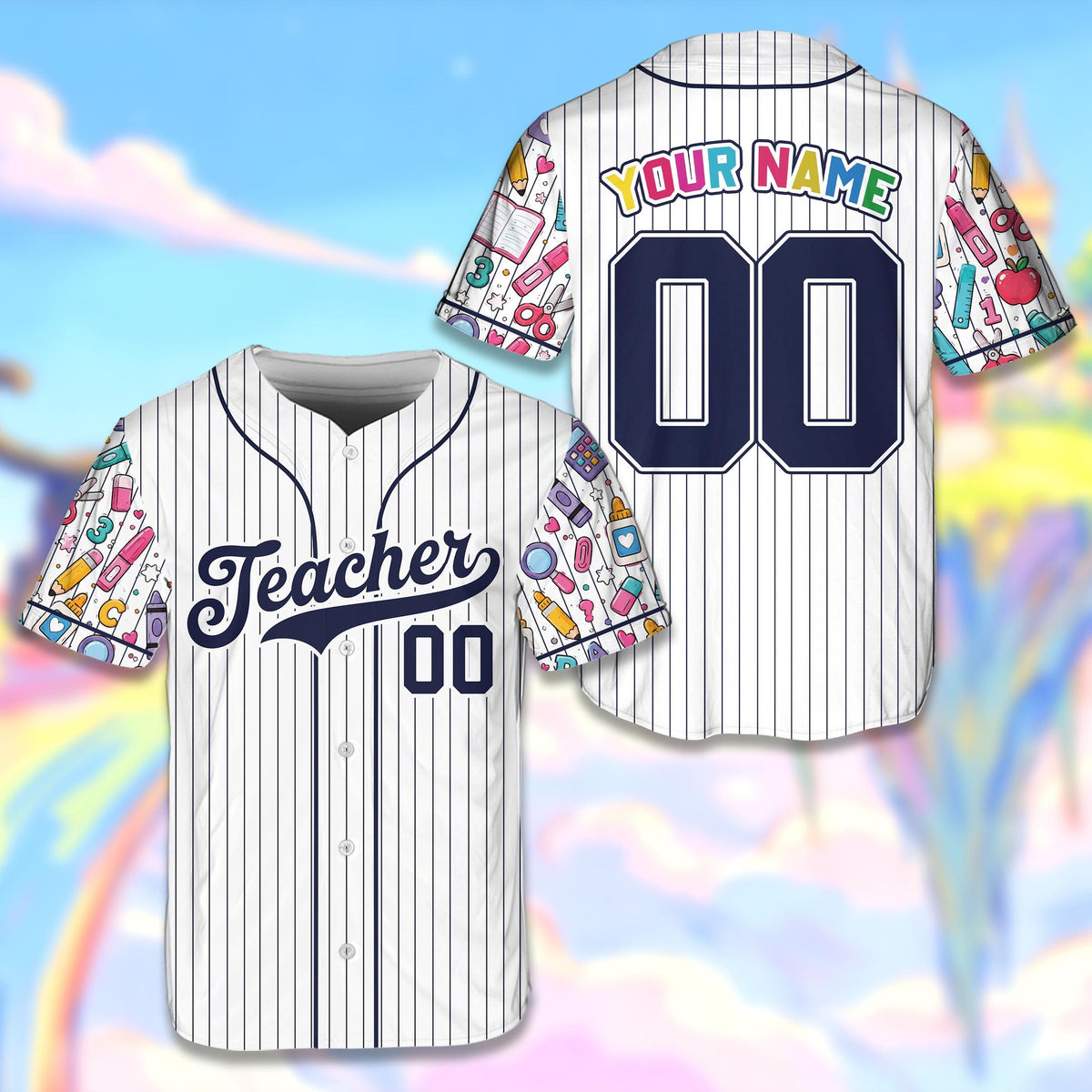 Detailed front view showing the 'Teacher' text on the baseball jersey