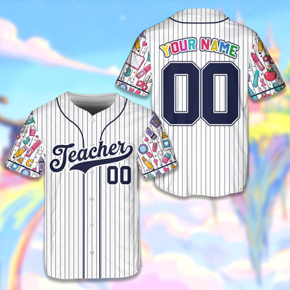 Detailed front view showing the 'Teacher' text on the baseball jersey
