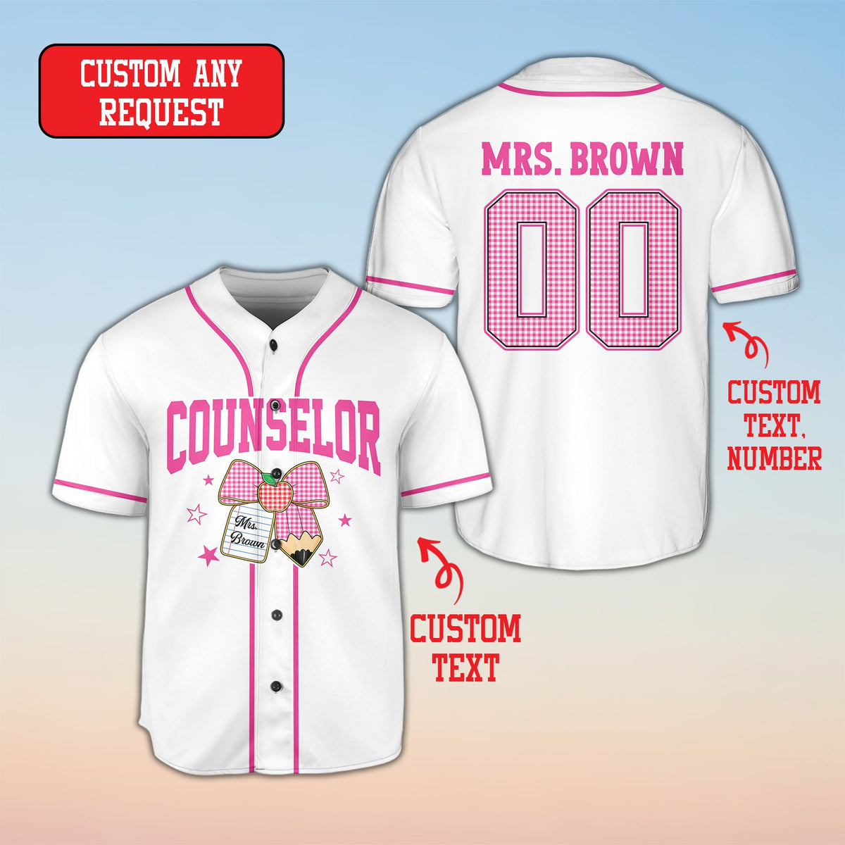 Close-up front view of the custom baseball jersey with school graphics in white