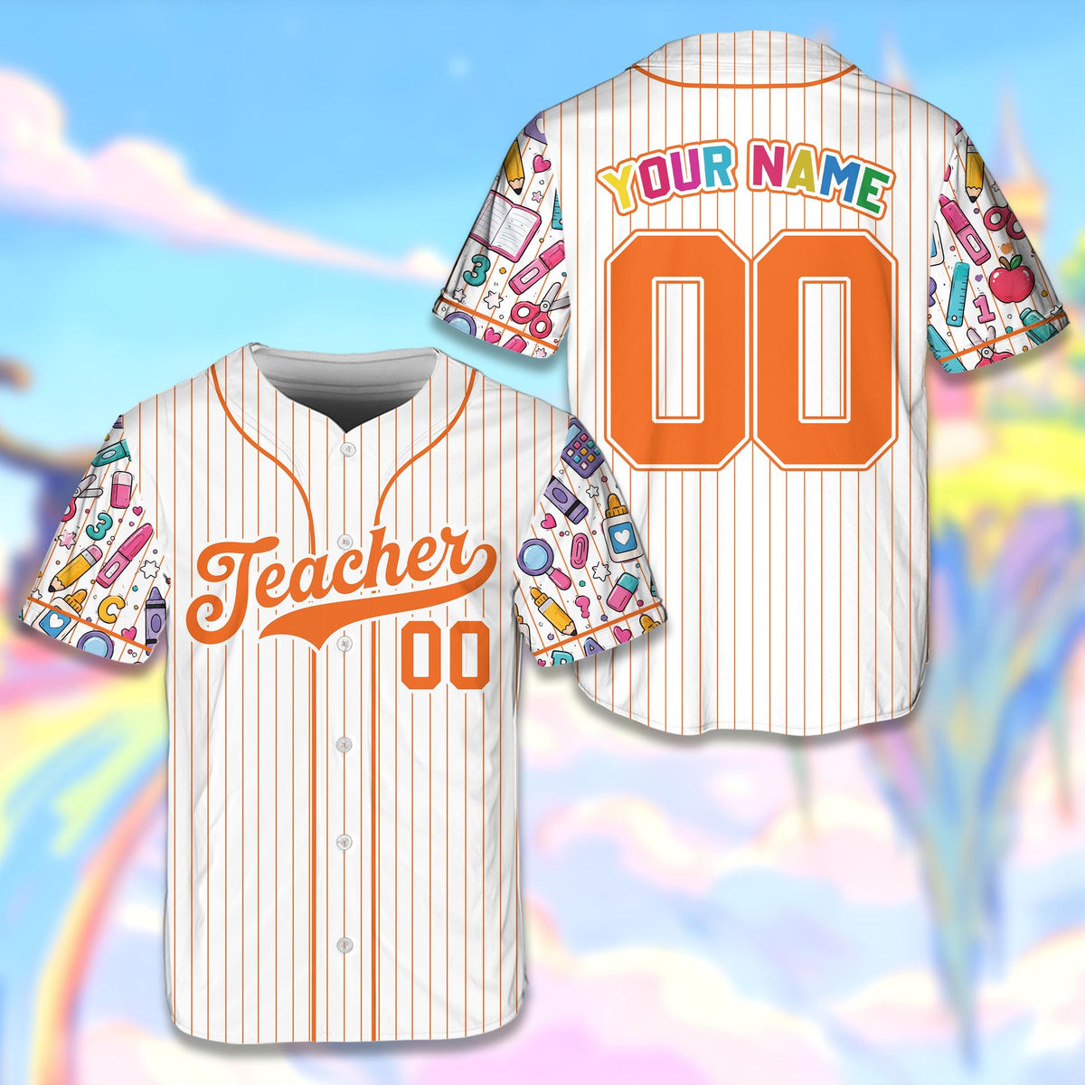 Close up of the colorful school supplies pattern on the baseball jersey sleeve