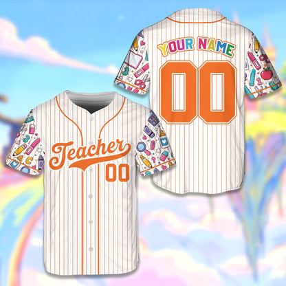 Close up of the colorful school supplies pattern on the baseball jersey sleeve