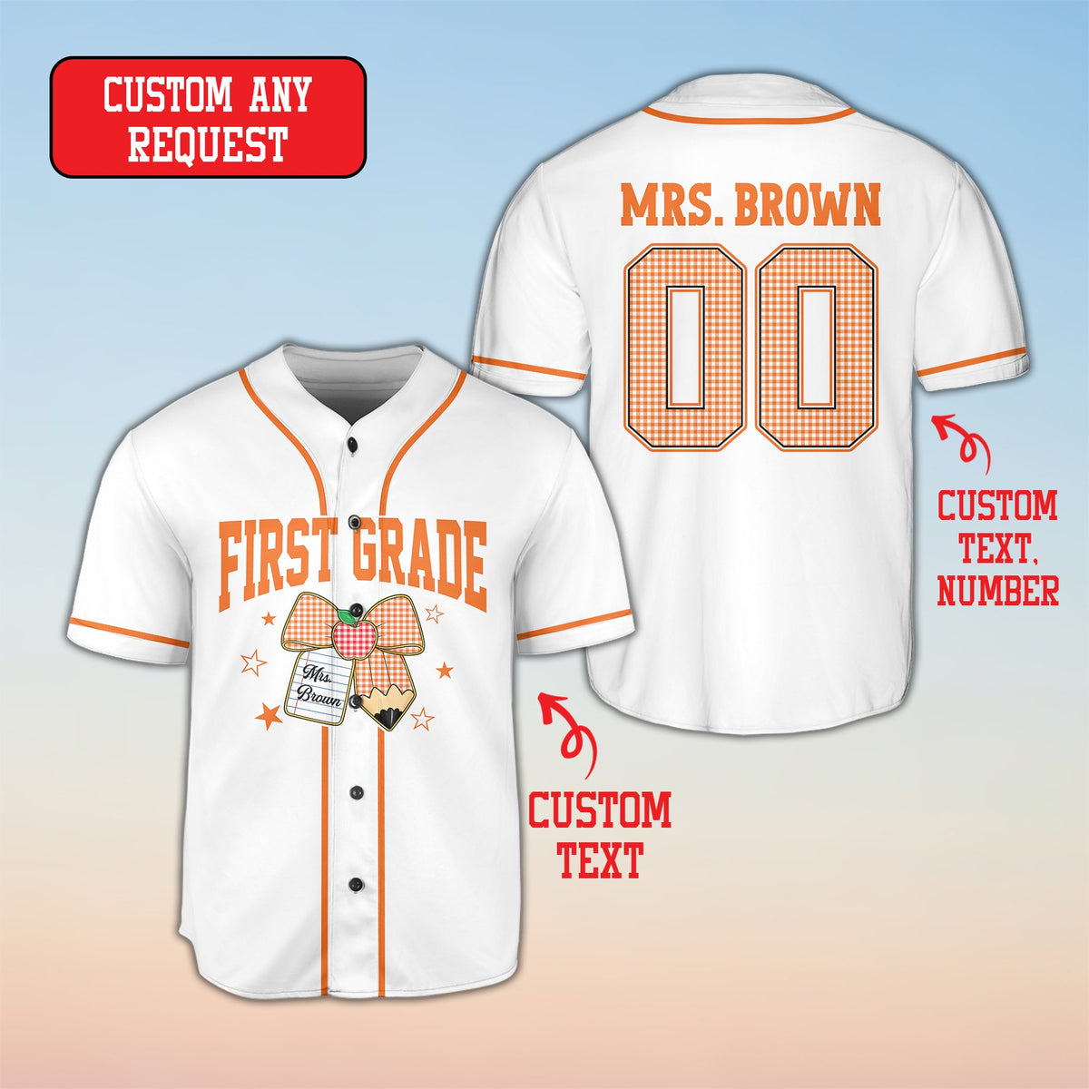 Teacher themed custom name and number baseball jersey in white, front view