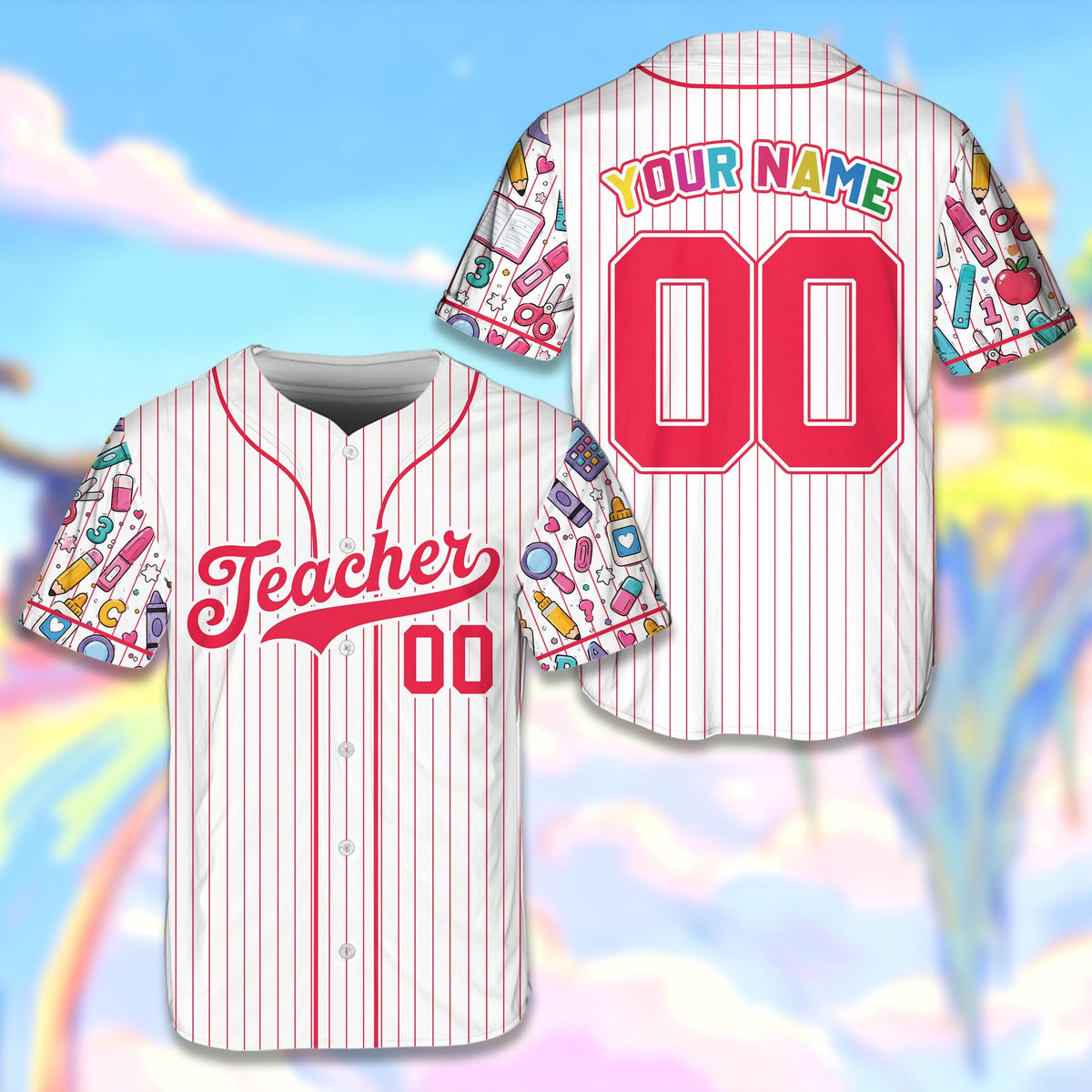 Front view of the white pinstripe teacher baseball jersey