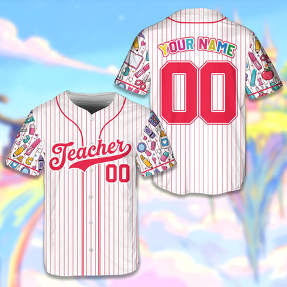 Front view of the white pinstripe teacher baseball jersey