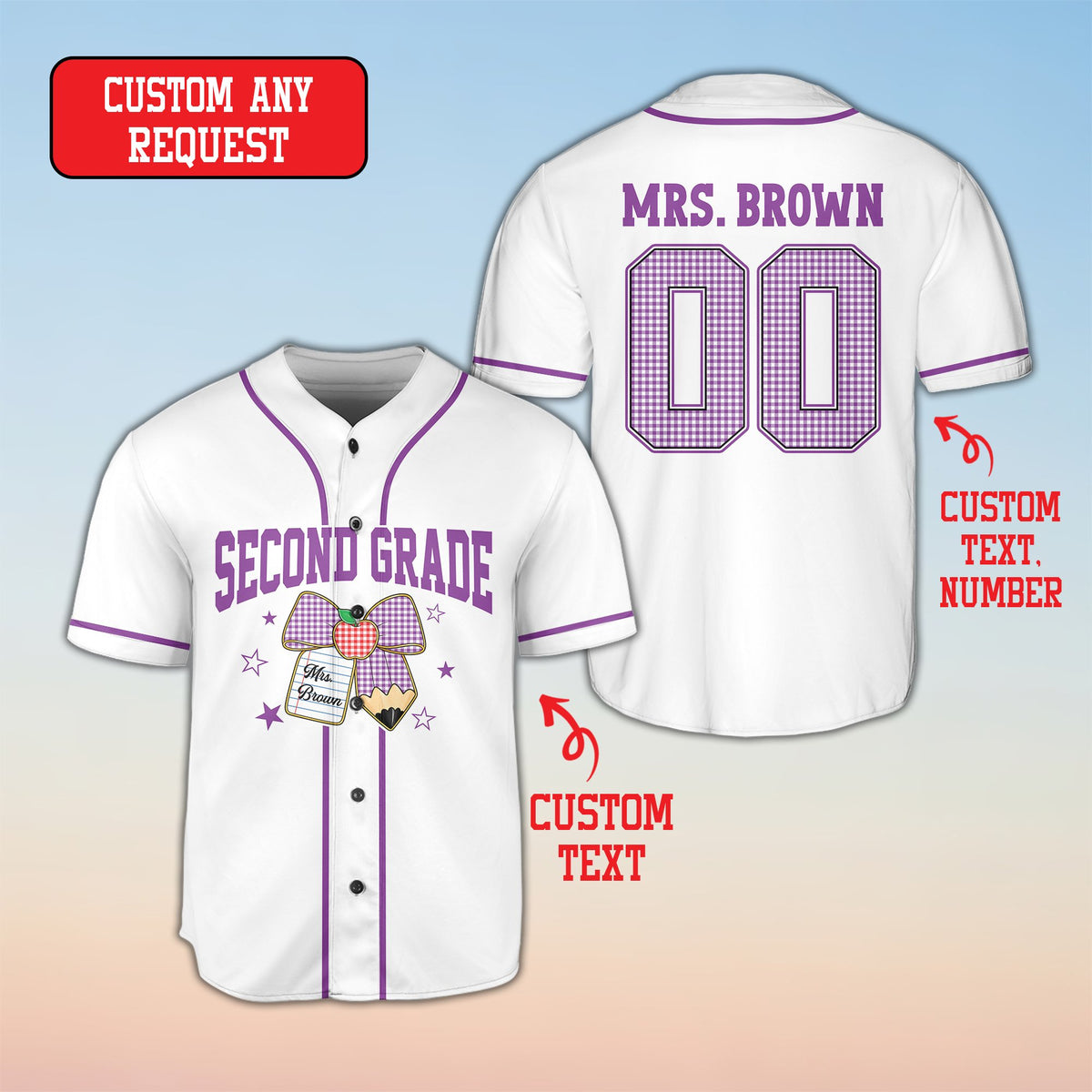 Detailed front view of the personalized white baseball jersey for educators