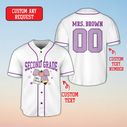 Detailed front view of the personalized white baseball jersey for educators