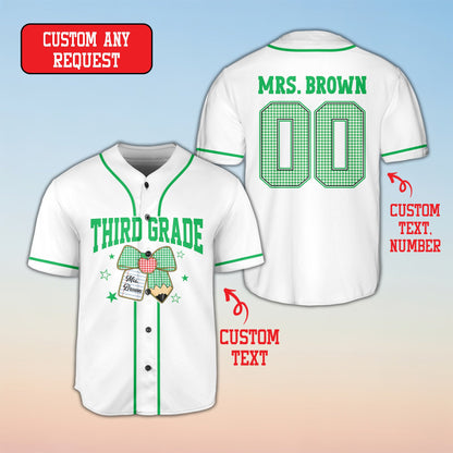 White personalized baseball jersey with school theme, front perspective