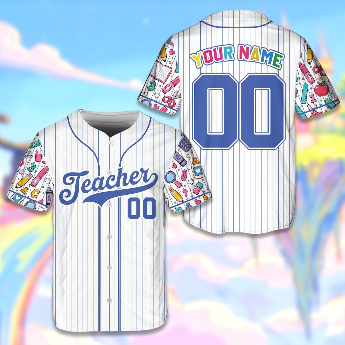 Front detail of the button-down closure on the teacher baseball jersey