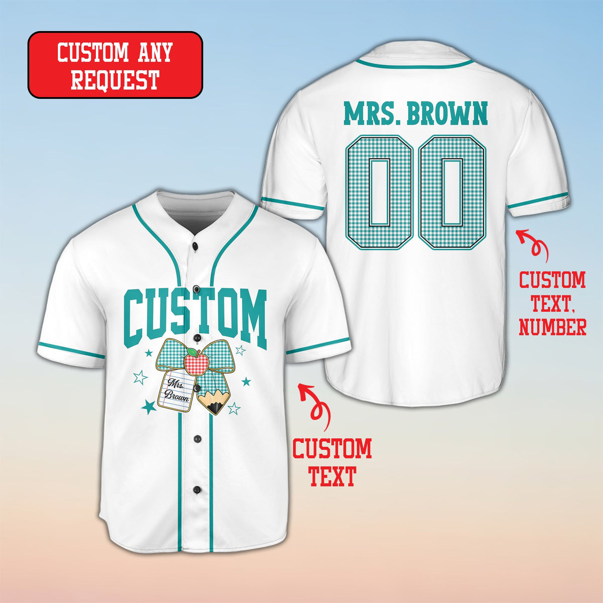 White custom name and number baseball jersey celebrating teachers, front display