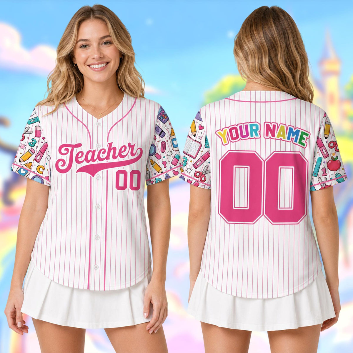 Lifestyle view of a teacher wearing the custom baseball jersey