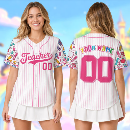 Lifestyle view of a teacher wearing the custom baseball jersey