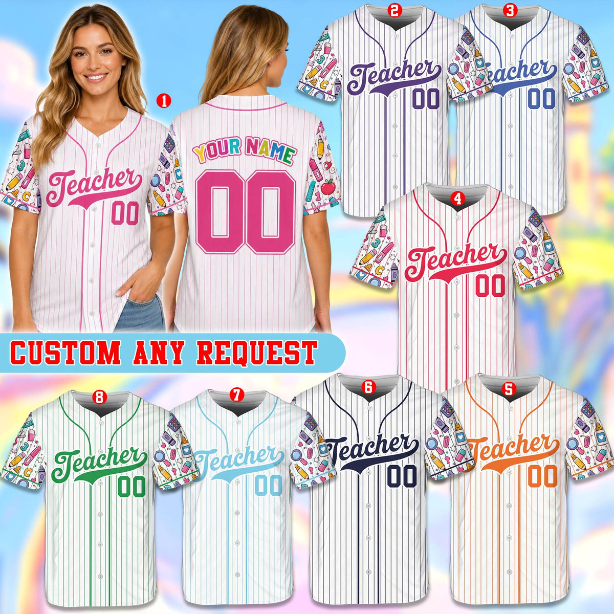 Another lifestyle shot of the teacher back to school baseball jersey in action