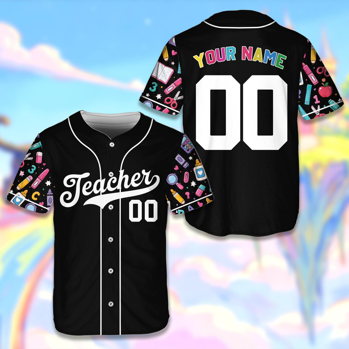 Black teacher baseball jersey with custom name and number featuring school supply patterned sleeves, front view