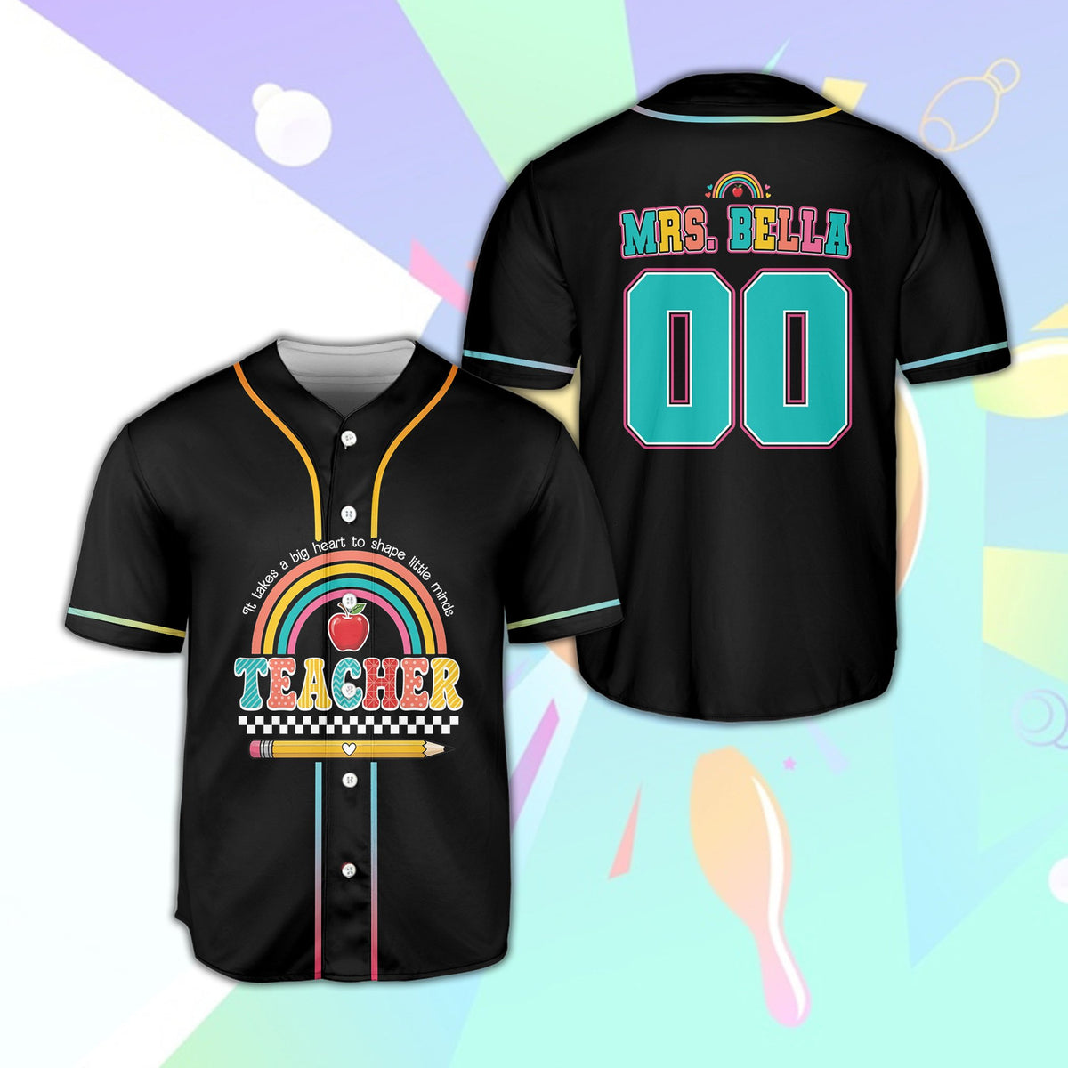 Personalized teacher baseball jersey with custom name and number, main view featuring black trim