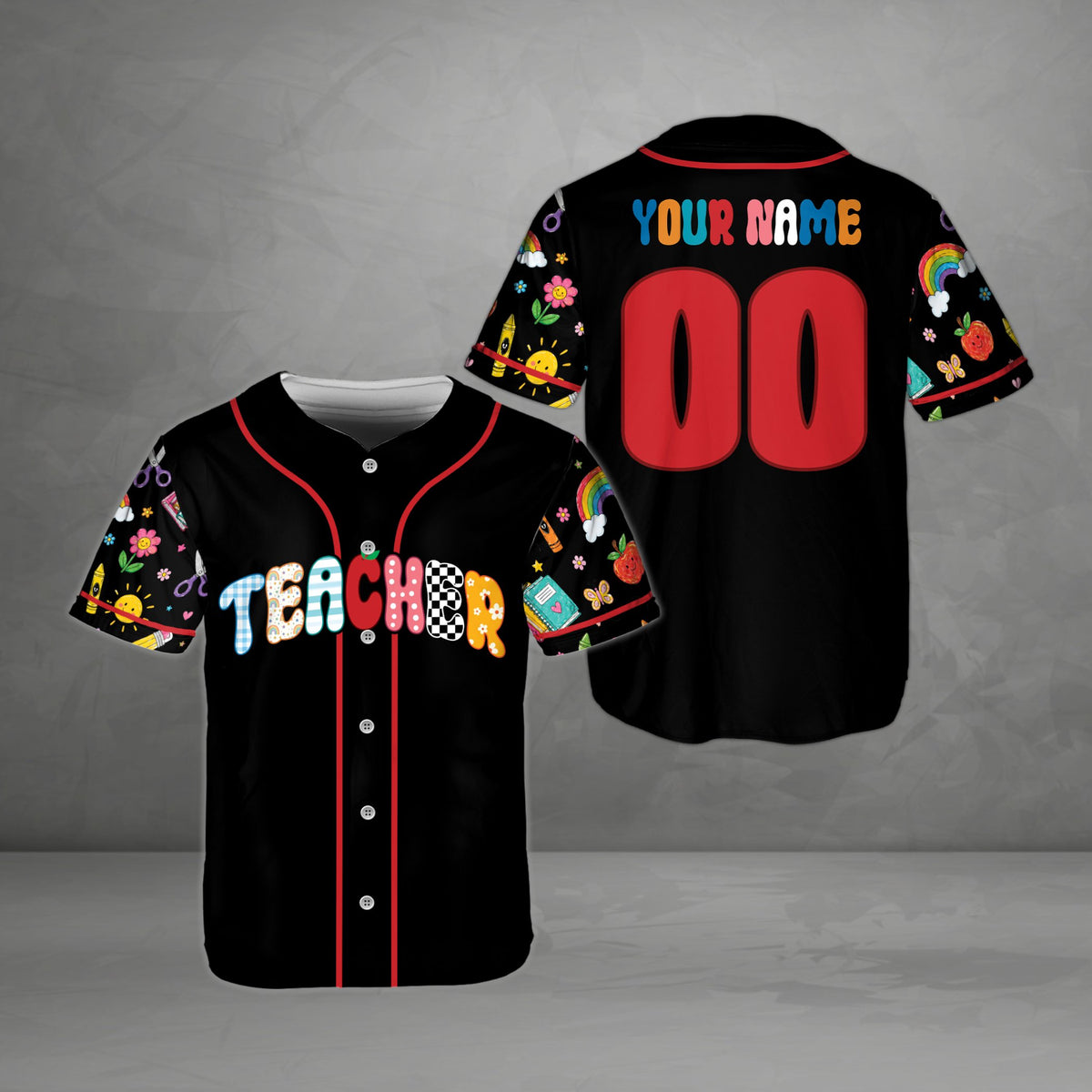 Personalized black teacher baseball jersey with school doodles, front view