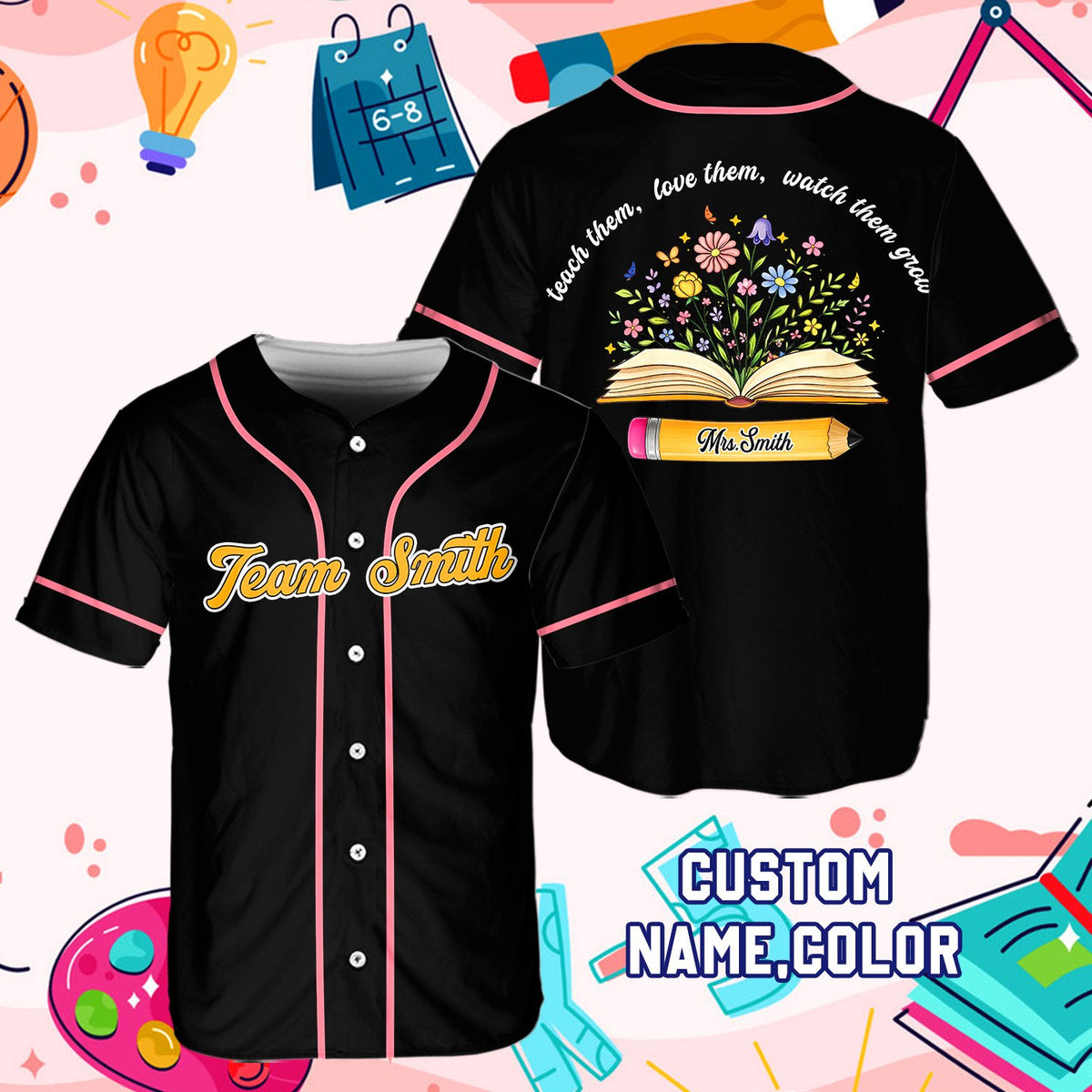 Personalized black teacher baseball jersey front view
