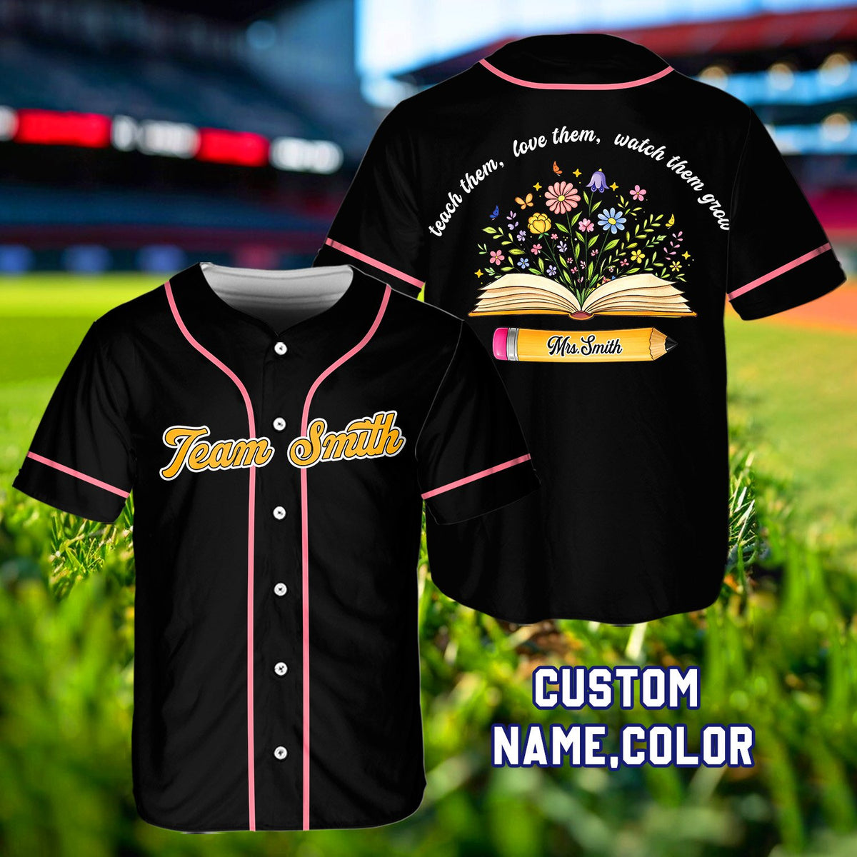 Second front view of personalized black teacher baseball jersey