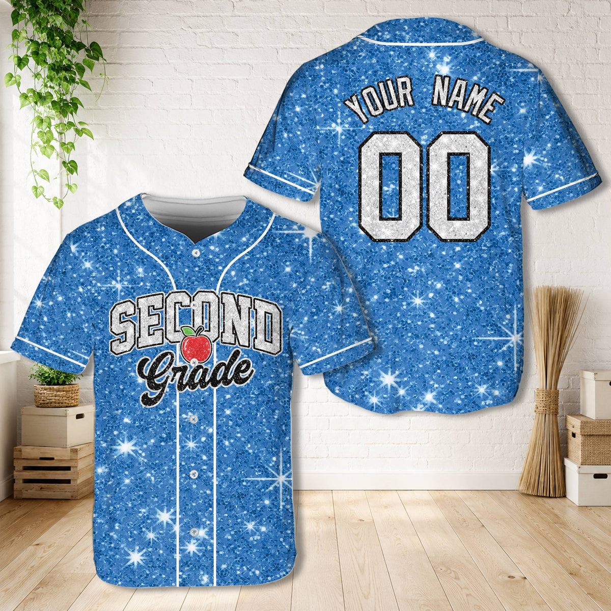 Blue teacher baseball jersey, back view showing custom name and number