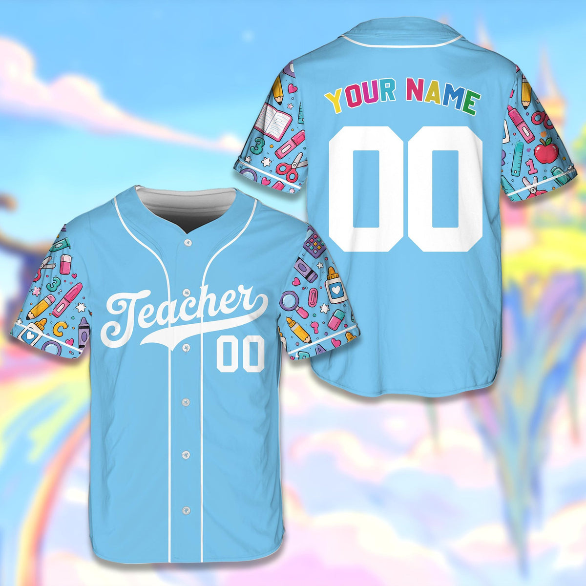 Light blue teacher baseball jersey with custom name and number featuring school supply patterned sleeves, front view