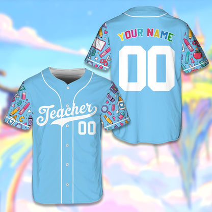 Light blue teacher baseball jersey with custom name and number featuring school supply patterned sleeves, front view