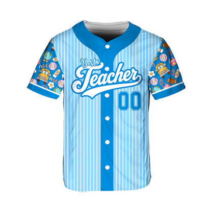 Front view of blue white teacher baseball jersey showing Best Teacher graphic