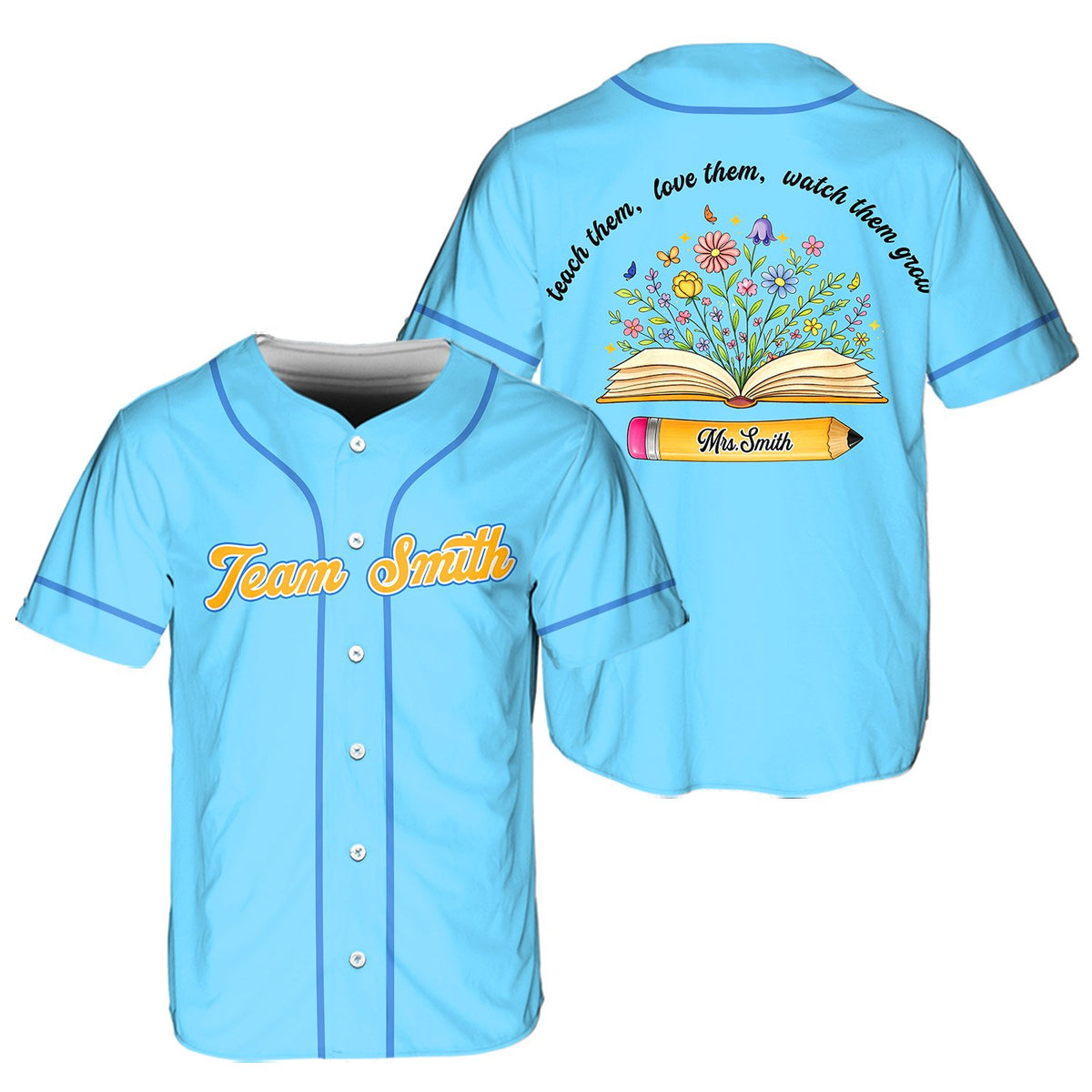 Personalized pink teacher baseball jersey featuring blooming book and custom name, main view