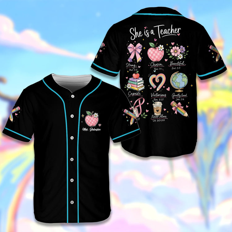 Personalized black teacher baseball jersey featuring a pink gingham apple and custom name, front view