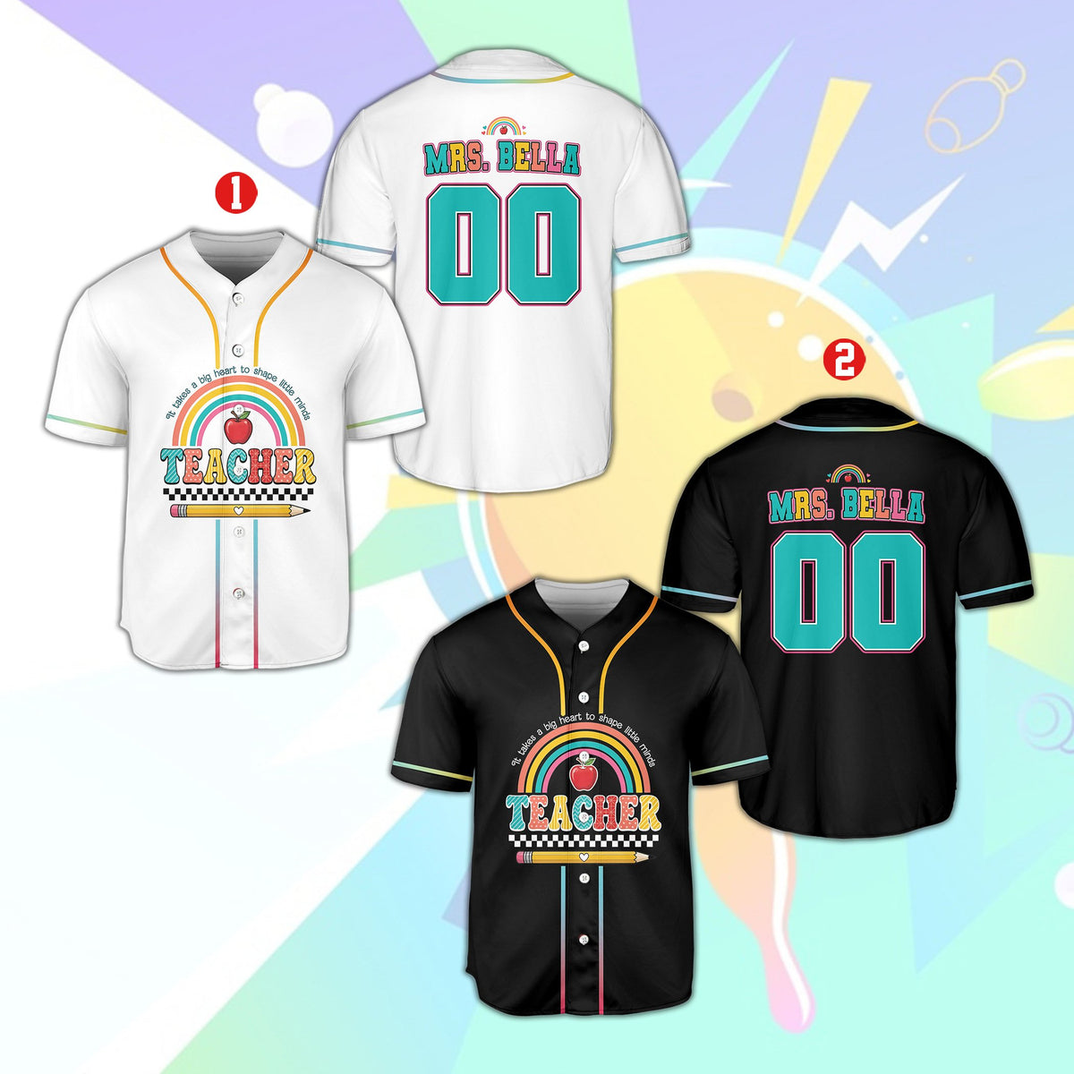 Front view of the custom teacher baseball jersey displaying colorful educational graphics