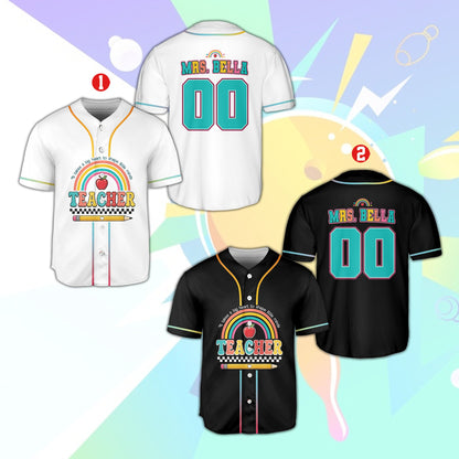 Front view of the custom teacher baseball jersey displaying colorful educational graphics