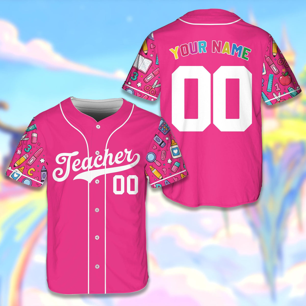 Magenta teacher baseball jersey with custom name and number featuring school supply patterned sleeves, front view