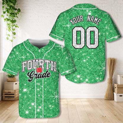 Green custom name and number baseball jersey, front view