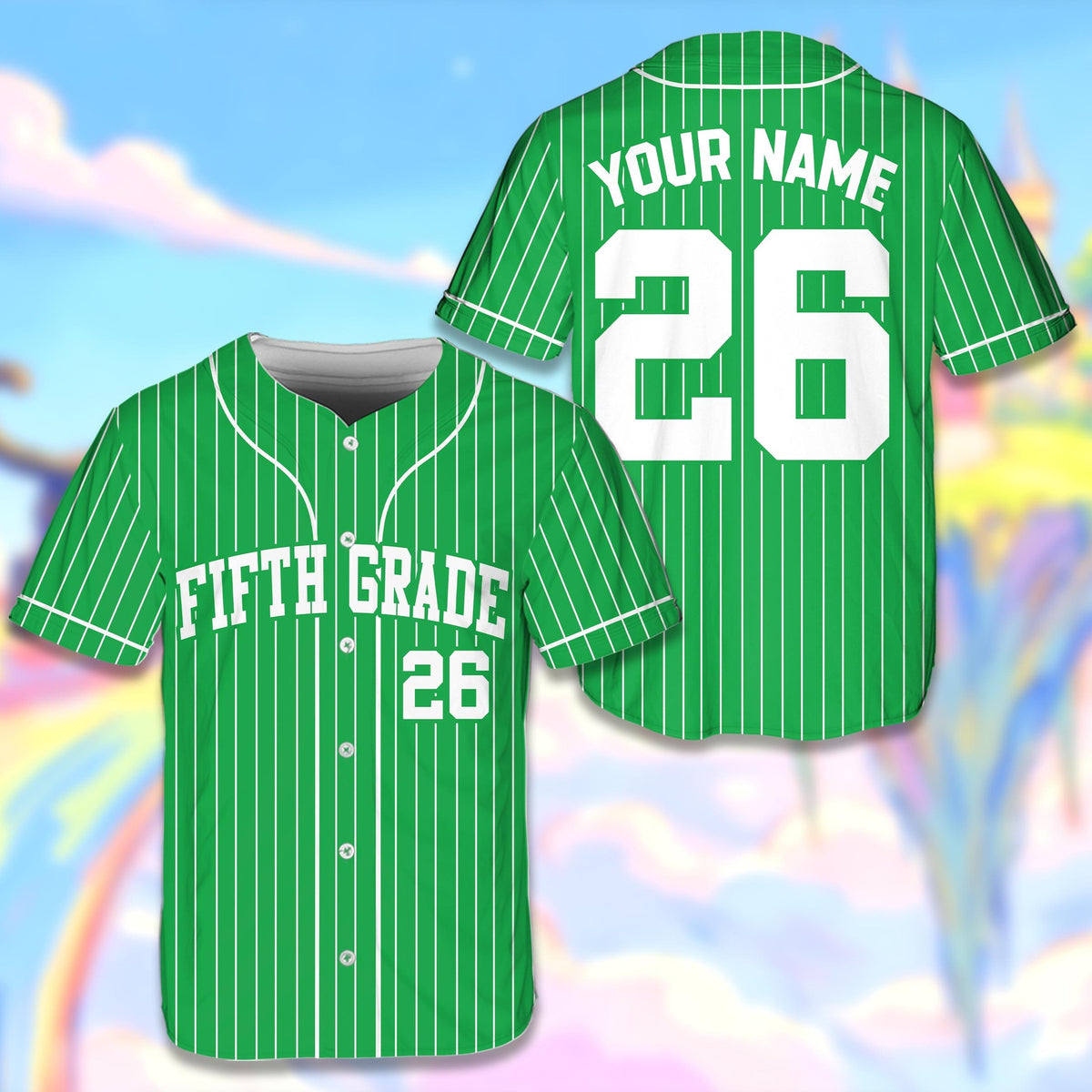 Main view of personalized green teacher baseball jersey with custom name and number