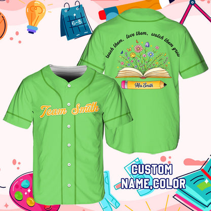 Personalized green teacher baseball jersey front view