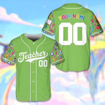 Green teacher baseball jersey with custom name and number featuring school supply patterned sleeves, front view