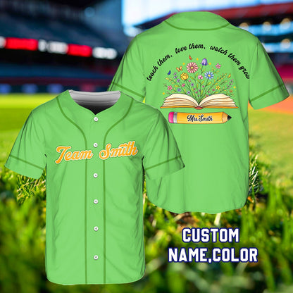 Second front view of personalized green teacher baseball jersey