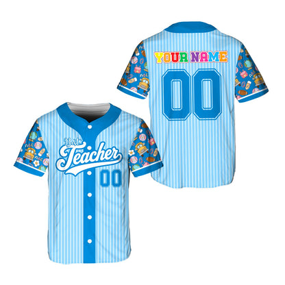 White teacher baseball jersey in green with custom name and number, main view