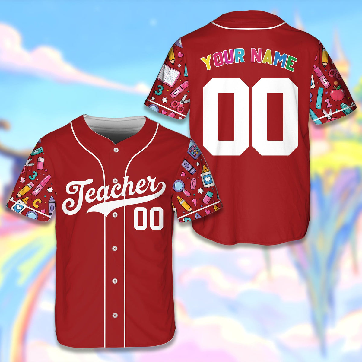Maroon teacher baseball jersey with custom name and number featuring school supply patterned sleeves, front view